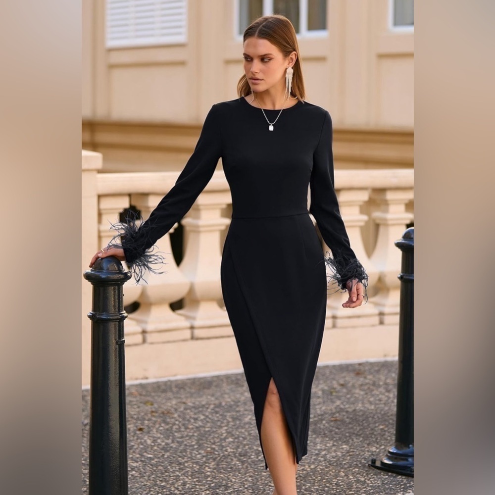 NWT- PRETTYGARDEN Feather Long Sleeve Formal Bodycon- Wrap Slit Cocktail Dress - Picture 4 of 16